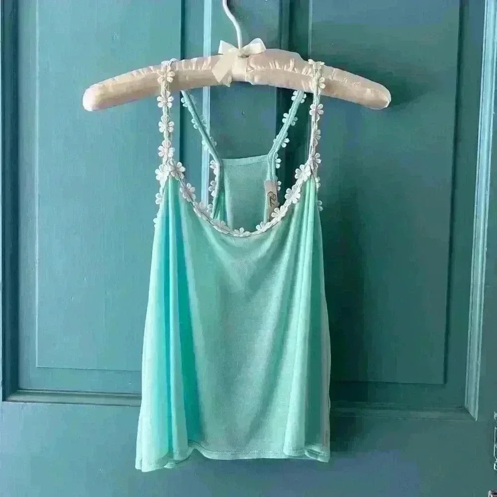 Elodie- Crop Top- Teal with White Flower Trim- Large